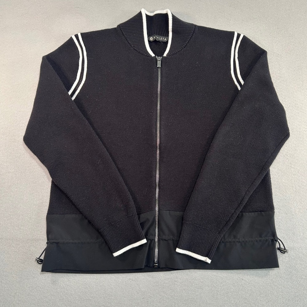 Athleta Bomber Cardigan Women Medium Black Full Zip Venture Sweater Stripe